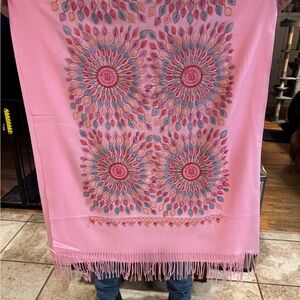 Pink Patterned Shawl with Fringe